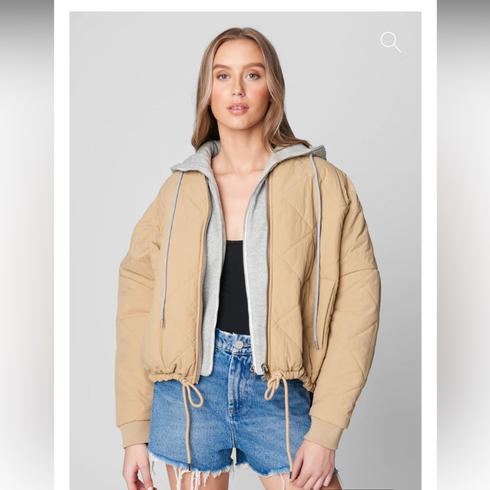 BlankNYC Quilted Bomber Jacket Tan Khaki Layered Hoodie Zip Up 22YV-1111 Small